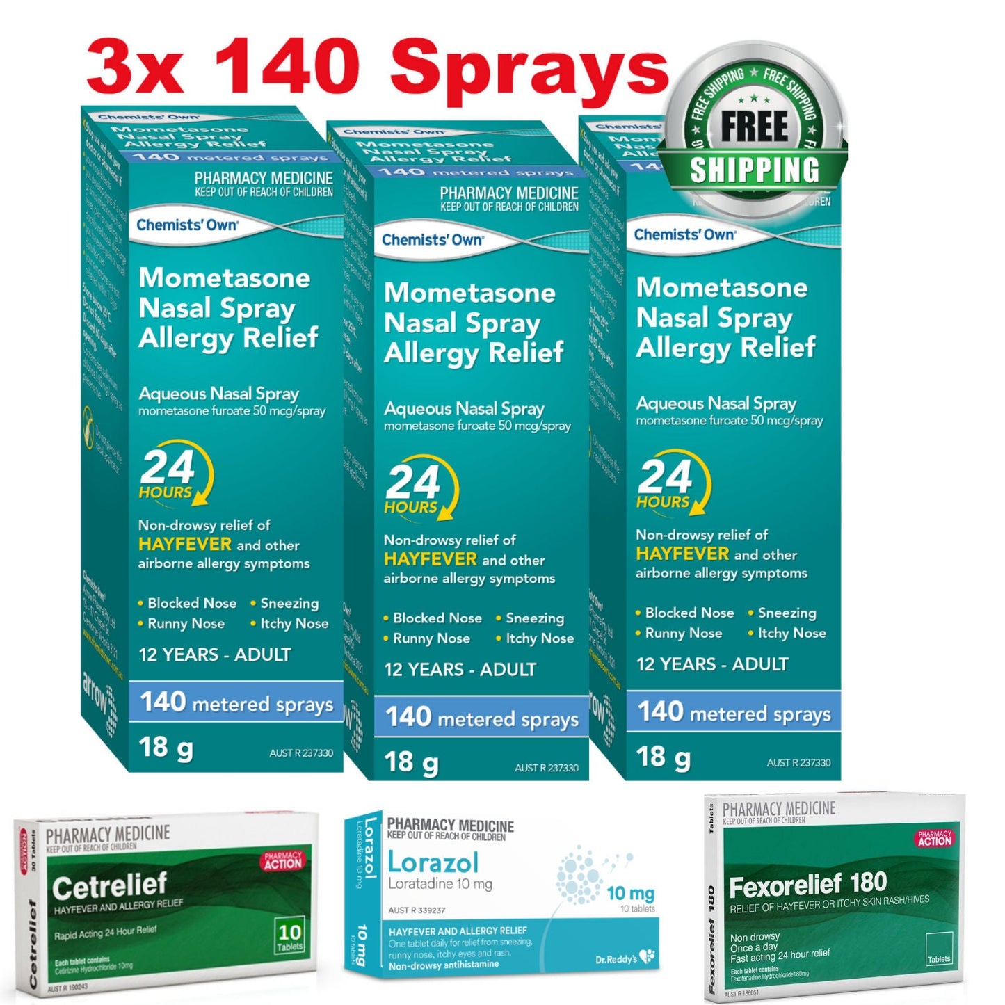 3x 140 Dose Mometasone Spray + Bonus Hayfever Trio