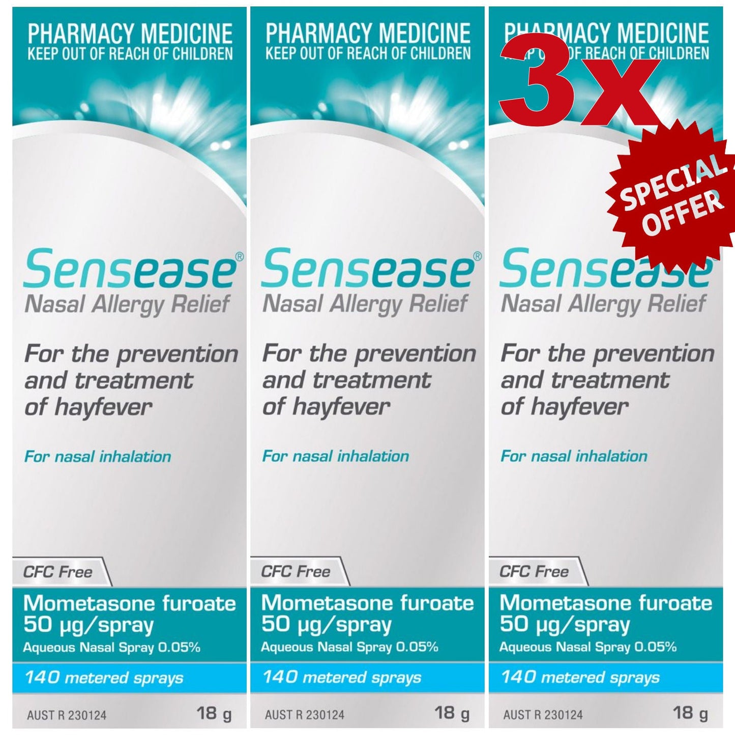 Nasonex Generic Alternative Bundle (3) = 3 x Sensease Allergy Relief 140 Sprays, Mometasone Furoate 50 Microgram/Spray + 50x Trust Fexit 180mg Tablets