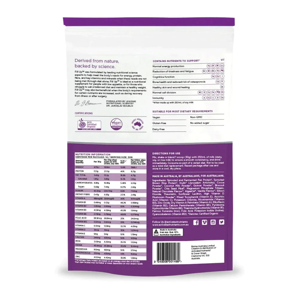 Activated Nutrients Organic Fill Up (To Support & Nourish) Chocolate 420g