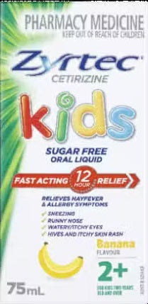 Zyrtec Kids Sugar Free Oral Liquid Banana Flavour 2+ 75ml