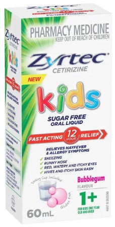 Zyrtec Cetirizine Kids Sugar Free Oral Liquid Bubble Gum Flavour 60ml