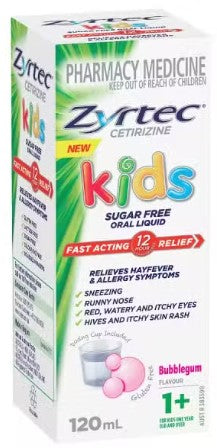 Zyrtec Cetirizine Kids Sugar Free Oral Liquid Bubble Gum Flavour 120ml