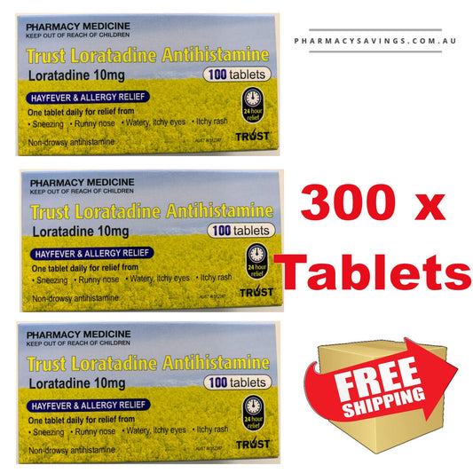 300 x Trust Loratadine, 10mg (GENERIC CLARATYNE ALTERNATE 10MG) + BONUS 10x LORAZOL 10mg