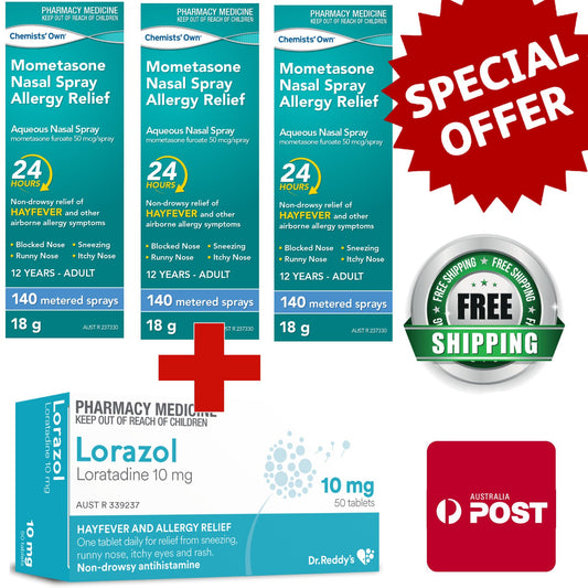 3x 140 Dose Mometasone Nasal Spray + 50x Loratadine 10mg Tabs