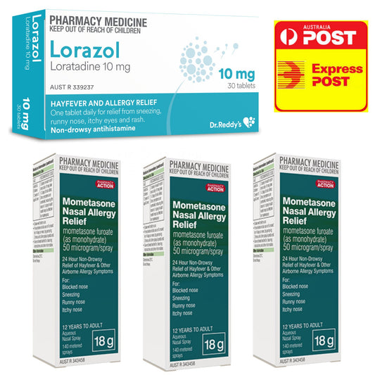 3 x Nasonex Generic Mometasone Furoate 140 Dose + 30x Loratadine 10mg, Claratyne Generic Alternate