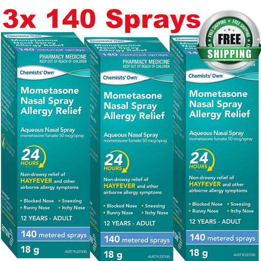 3 x 140 Dose Mometasone + Bonus Item (Generic Zyrtec, Claratyne, Paracetamol, Iburprofen)