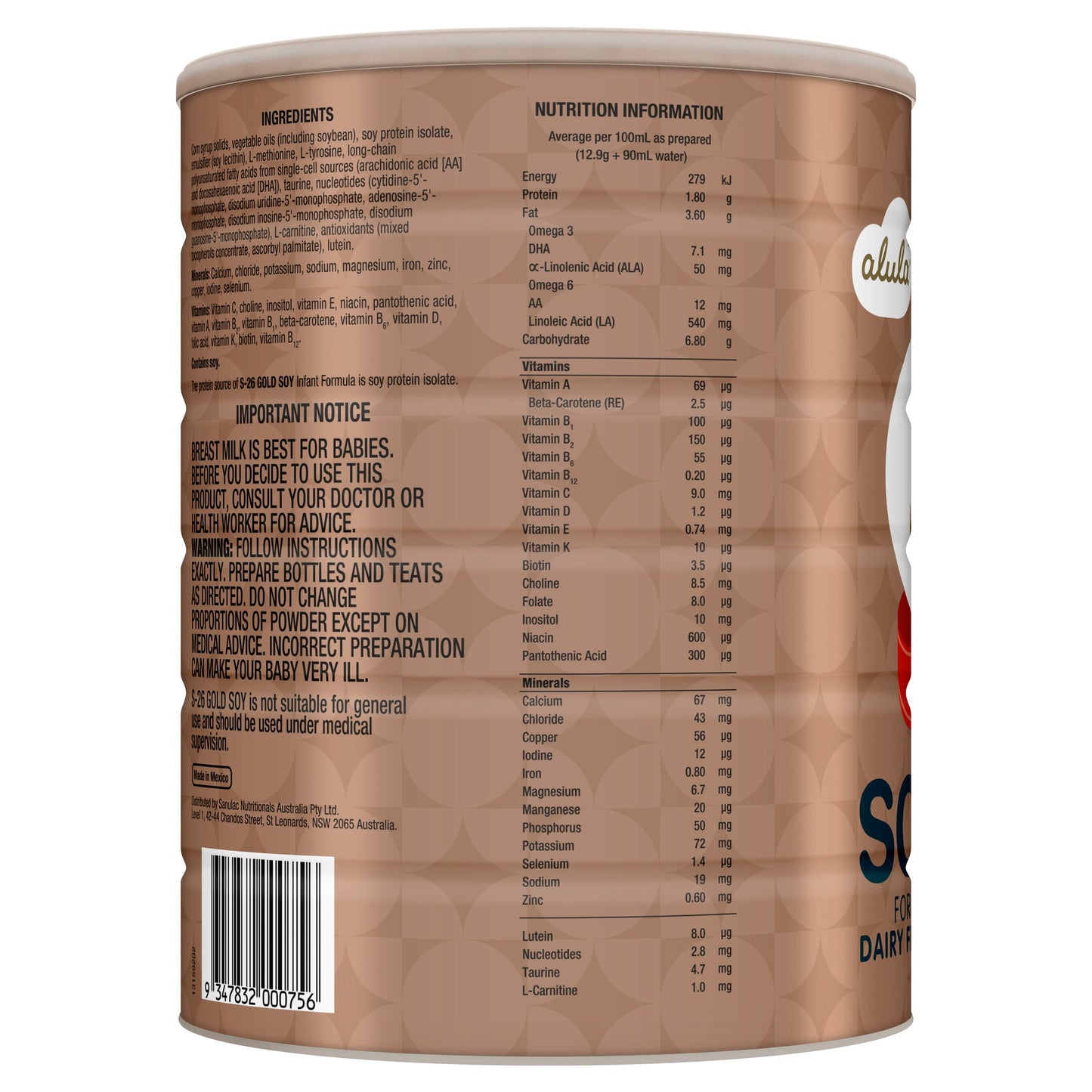 S-26  Alula Gold Soy Infant Formula 0-12 Months 900g