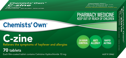 70 x Chemist's Own C-Zine Tablets Cetrizine Hydrochloride 10mg (Generic Zyrtec)
