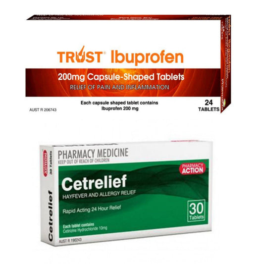 30x Cetrelief (Generic Zyrtec) Cetirizine Hydrochloride 10mg + 24x (SHORT DATED) Ibuprofen