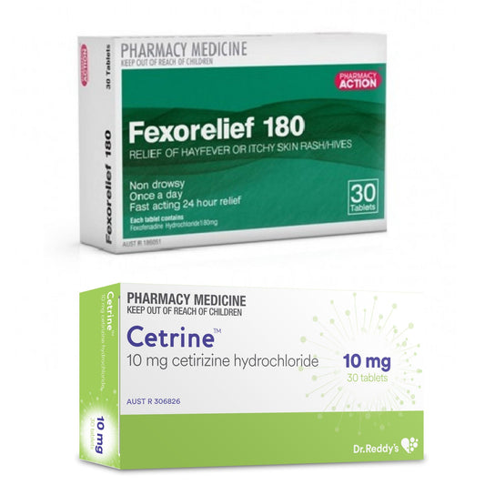30x Fexorelief 180mg (Fexofenadine Hydrochloride) + 30x Cetrine (Cetirizine 10mg)