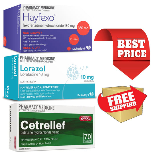 70x Hayfexo 180mg + 70x Lorazol 10mg + 70x Cetrelief 10mg Hayfever Combo
