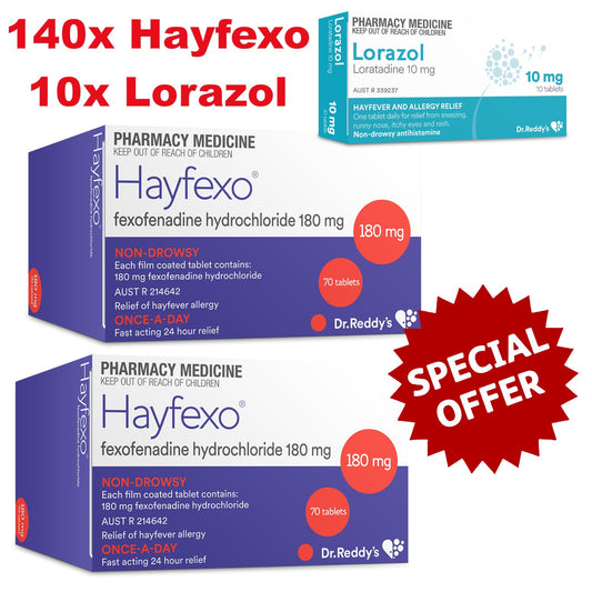 140x HayFexo 180mg  + 10x Lorazol 10mg (Generic Claratyne Alternate)