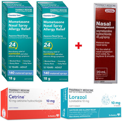 2x Mometasone (140 Dose) + Decongestant Nasal Spray + 70x Cetirizine 10mg + 10x Loratadine 10mg