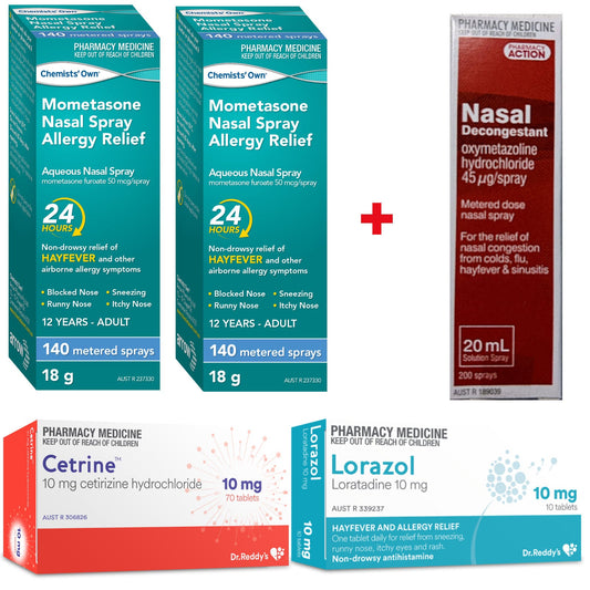 2x Mometasone (140 Dose) + Decongestant Nasal Spray + 70x Cetirizine 10mg + 10x Loratadine 10mg