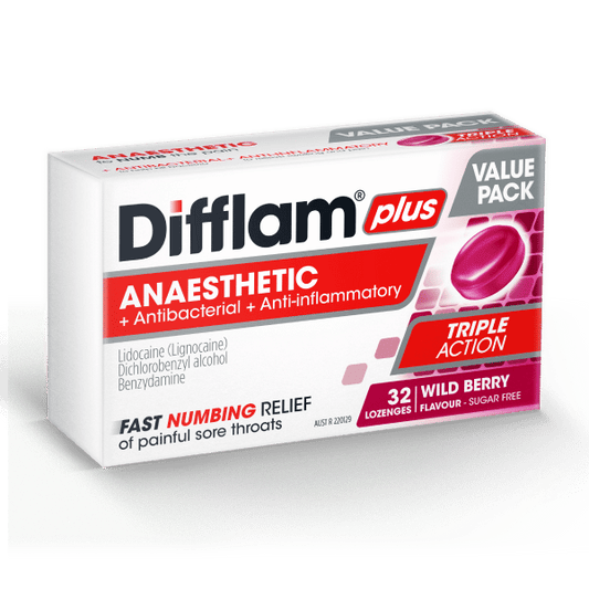 Difflam Plus Anaesthetic Sore Throat Lozenges Wild Berry Flavour 32 Pack