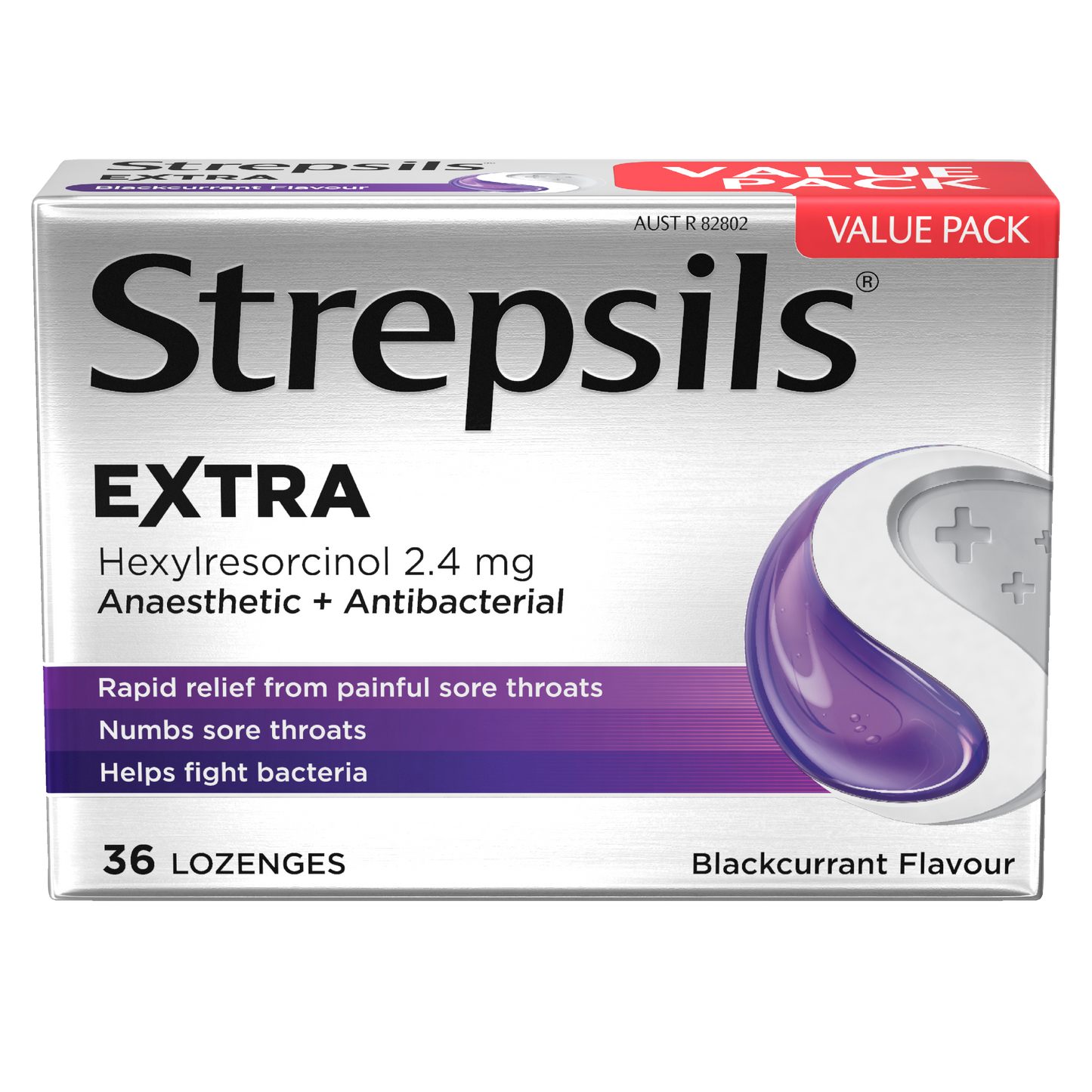 Strepsils Extra Blackcurrant Fast Numbing Sore Throat Pain Relief with Anaesthetic Lozenges 36 pack