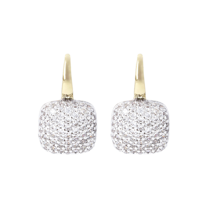 Golden Square Pendant Earrings with Pavé in Cubic Zirconia