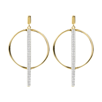 Golden Pendant Earrings with Circle and Pavé in Cubic Zirconia