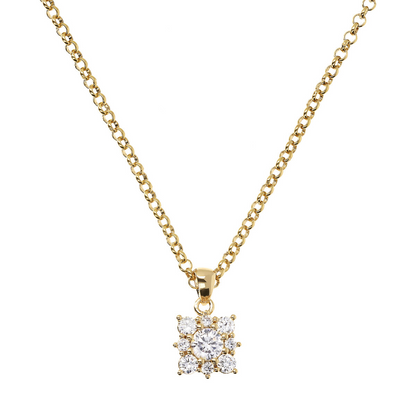 Golden Rolo Chain Necklace with Cubic Zirconia Flower Pendant