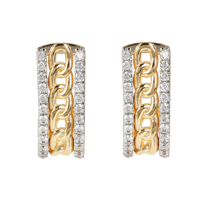 Golden Stud Earrings with Chain Link and Cubic Zirconia
