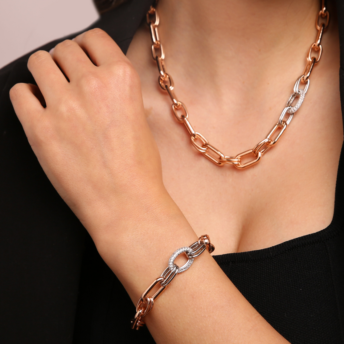 Alternate Link Bracelet with Pavé Element in Cubic Zirconia