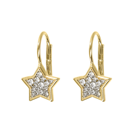 Golden Pendant Earrings with Pavé Star in Cubic Zirconia