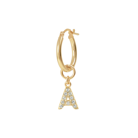 Golden Pendant Earring with Pavé Letter in Cubic Zirconia