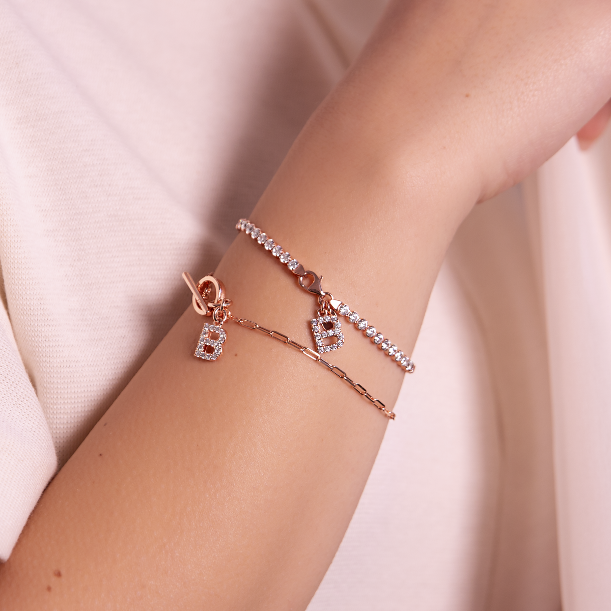 Forzatina Chain Bracelet with Pavé Letter Pendant in Cubic Zirconia