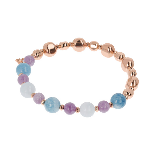 Elastic Bracelet with Natural Stones and Nuggets in Golden Rosé