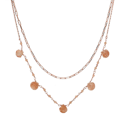 Double Multi-strand Necklace with Drop Shape Natural Stones