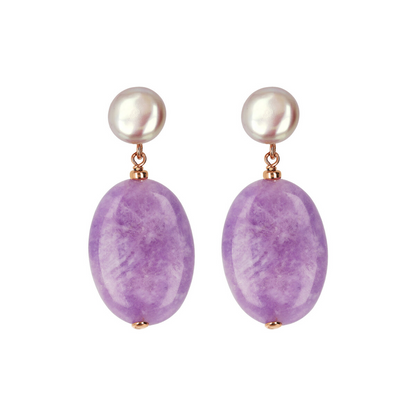 Drop Earrings with Freshwater Pearls and Oval Purple Amethyst