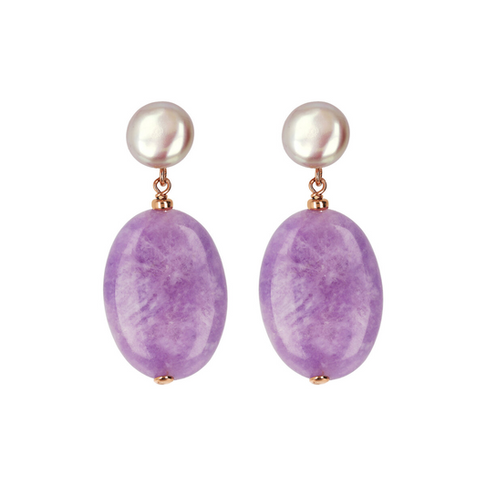 Drop Earrings with Freshwater Pearls and Oval Purple Amethyst