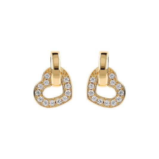 Golden Pendant Earrings with Double Pavé Heart Element and Oval Link