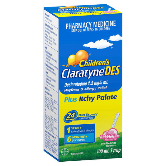 ClaratyneDES Children's Hayfever & Allergy Relief Bubblegum Syrup for Kids 100ml (EXP: 30/07/2024)