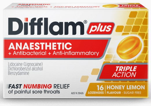 Difflam Plus Sore Throat Lozenges + Anaesthetic Honey & Lemon 16 Lozenges