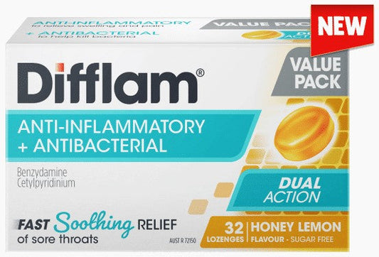 Difflam Sore Throat Lozenge Dual Action Honey & Lemon Flavour Value Pack 32 Lozenges