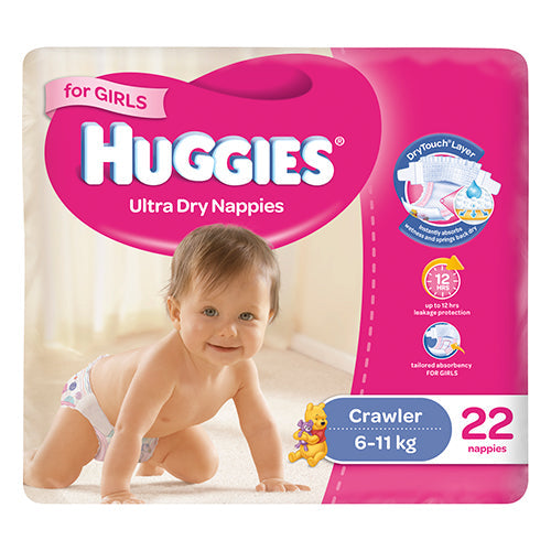 Huggies Ultra Dry For Girls Crawler Size 3, 6-11kg 22 Nappies