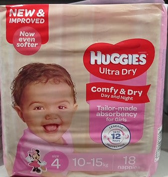 Huggies Ultra Dry For Girls Toddler Size 4, 10-15kg 18 Nappies