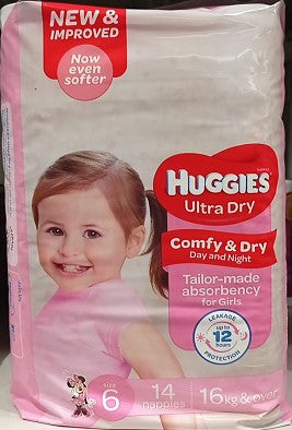 Huggies Ultra Dry For Girls Junior Size 6, 16kg & over 14 Nappies
