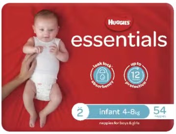 Huggies Essentials Infant Size 2, 4-8kg 54 Nappies
