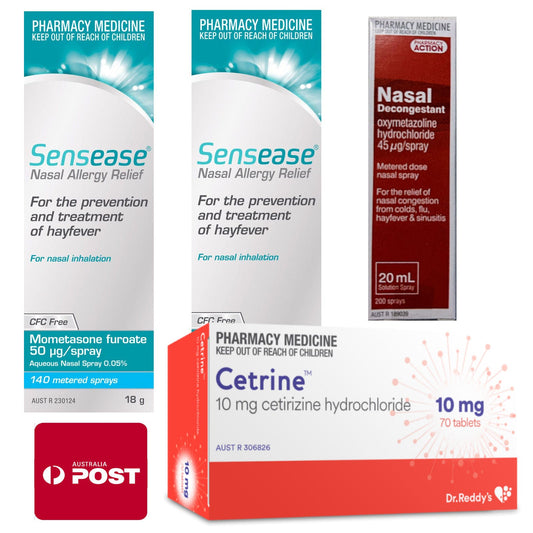 2x Sensease Mometasone (140 Dose) + Nasal Decongestant + 70x Cetirzine 10mg