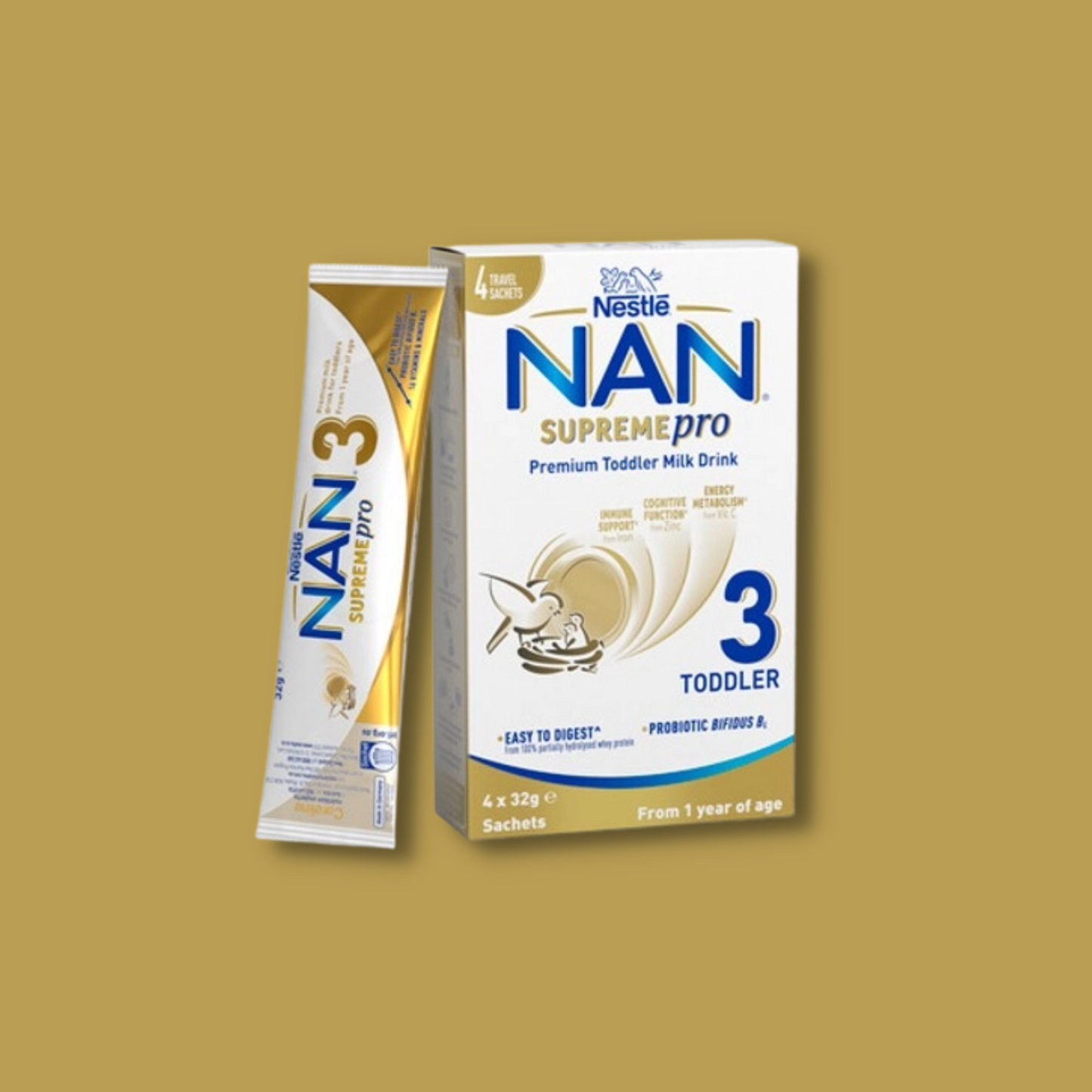 Nestlé NAN SUPREMEpro 3, Premium Toddler 1+ Years Milk Drink Sachets – 4 x 32g
